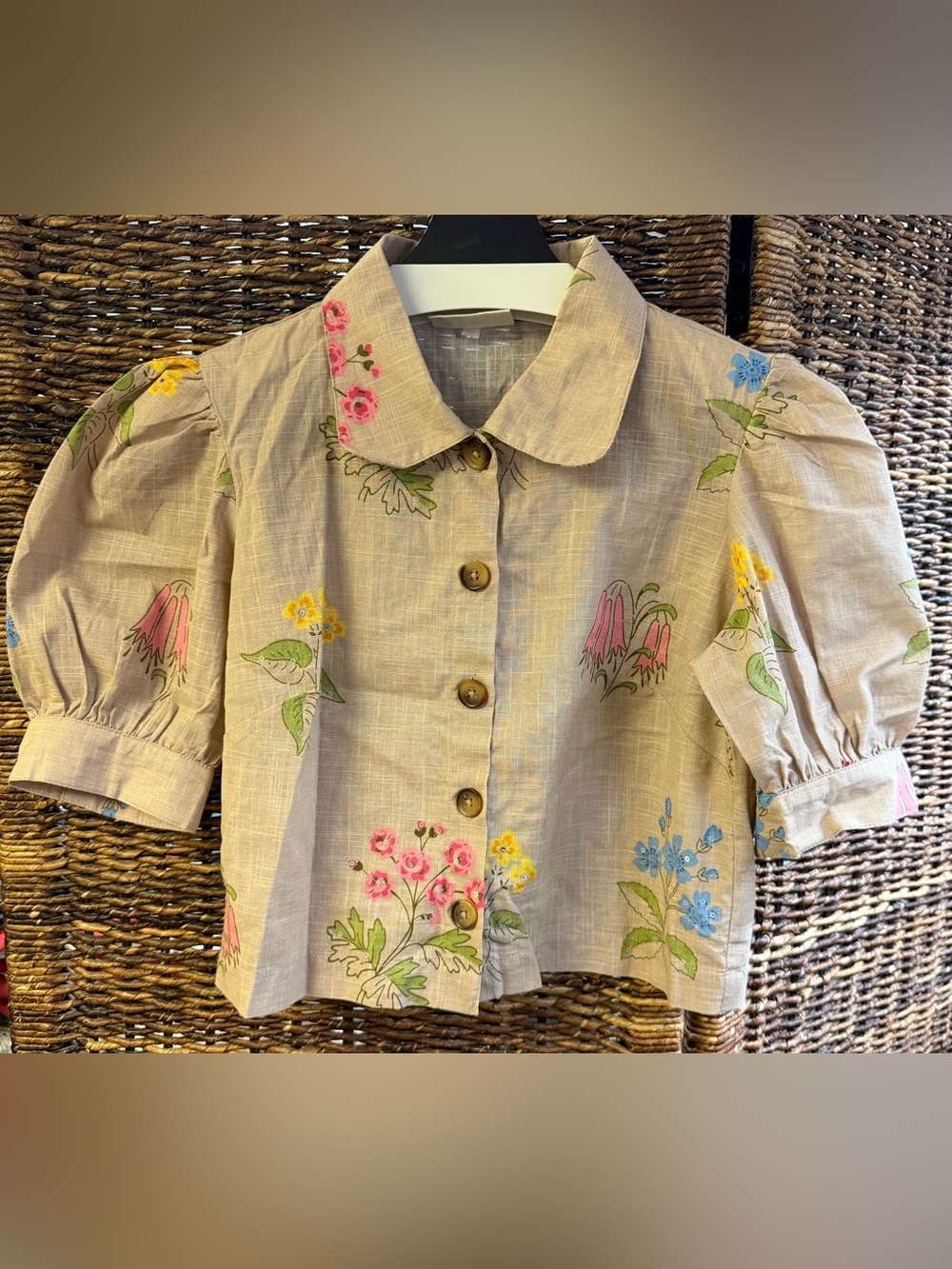 Bombay Paisley-Girls Beige Floral Button-Up Top, XXS